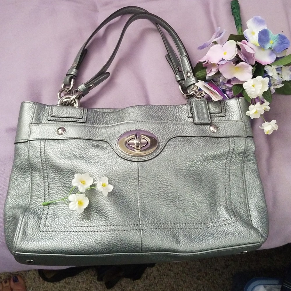 Coach Vtg Silver Leather Carryall Bag - Picture 1 of 8